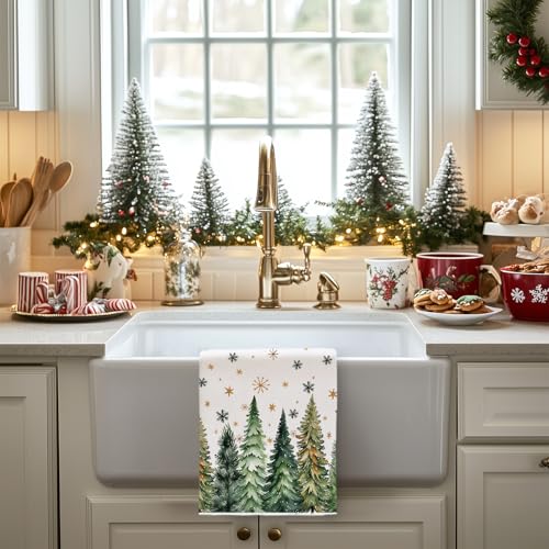 Arkeny Christmas Kitchen Towels Set of 2 - Green Tree Reindeer, Green & Gold