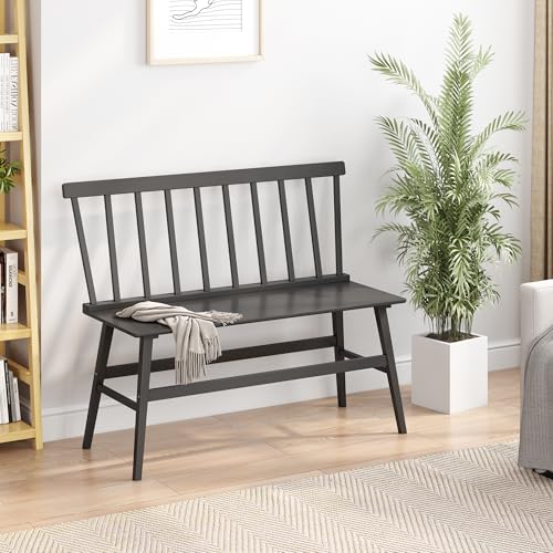 Farmhouse Spindle Back Dining Bench - Durable Black Rubber Wood Seating