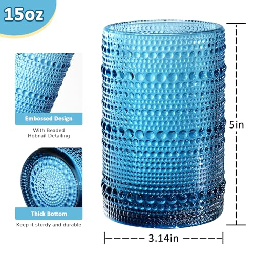 15 oz Hobnail Drinking Glasses with Straws, Set of 6 Vintage Glassware