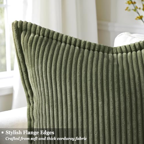 Olive Green Corduroy Throw Pillow Covers 18x18, Set of 2