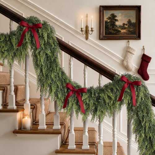 GLIDLION 4 Pack 9 ft Artificial Cedar Garland for Mantle Decor, Lifetime Lifelike Greenery