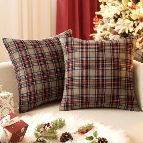 EMEMA Khaki Tartan Plaid Christmas Throw Pillow Covers 20x20 Inch Set of 2 Farmhouse Decor