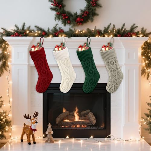 18 Inch Cable Knitted Christmas Stockings for Mantel & Holiday Decor