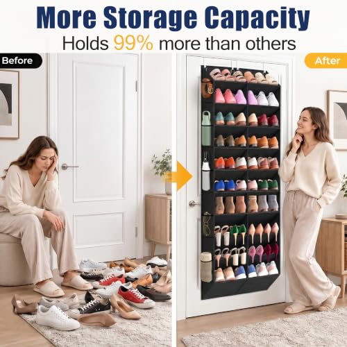 10-Tier Over-the-Door Shoe Organizer with Side Mesh Pockets, Black