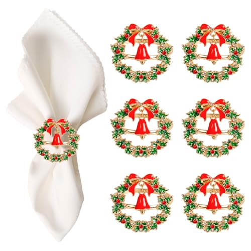 Christmas Wreath Napkin Rings Set of 6 – Xmas Wreath Metal Napkin Holders for Holiday Tables