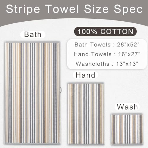 6-Piece Striped Cotton Towel Set with Hanging Loops, Gray and Beige