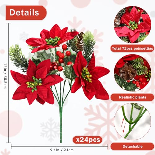 Agusbagli 24 Pcs Red & Green Artificial Christmas Poinsettia Flowers 12" Faux Floral Bouquet for Holiday Decor