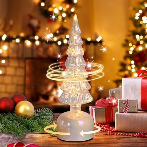 MJ Premier Silver Glass Rotating Christmas Tree with Lights - 3.54in x 11.81in, Battery Operated