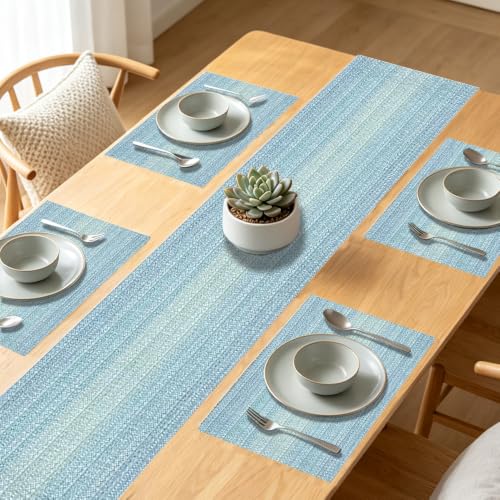 Karlesi Ombre Blue PVC Heat-Resistant 6 Table Mats Sets + 1 Tablecloth
