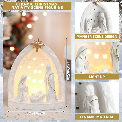 Lighted Ceramic Nativity Scene Set - Holy Family Tabletop Christmas Decor