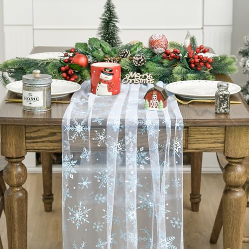 Artoid Mode Blue Snowflakes Merry Christmas Gauze Table Runner 28 x 120 Inch / 120in White-Blue
