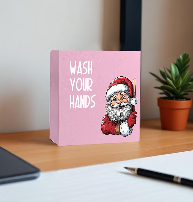Funny Christmas Santa Bathroom Wood Box Sign – B Sign, 5x5 Pink