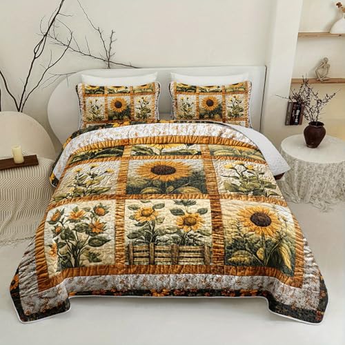 Sunflower Patchwork Quilt Bedding Set - Queen Size Floral Bedspread