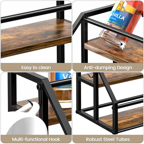 2-Tier Coffee Syrup Rack Organizer for 8 Bottles, Rustic Wood & Metal Stand