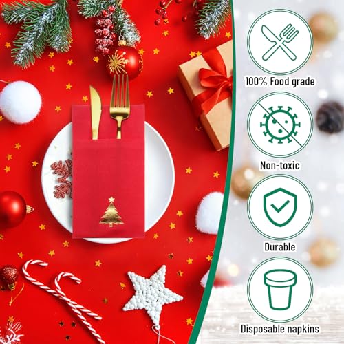 Ctosree 50 Pcs Christmas Napkins with Built-in Flatware Pocket - Red Gold Christmas Tree Theme