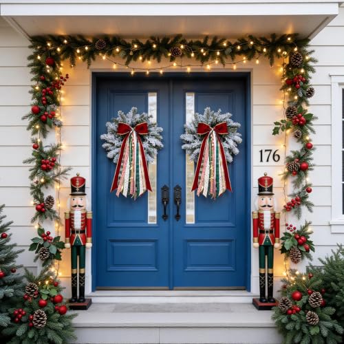 OXWIND Red Velvet Christmas Bow – 11in Wide, 28in Bow Head + 65cm Streamers, Wreath & Tree Decor Bundle (Christmas Ribbon with Bows)