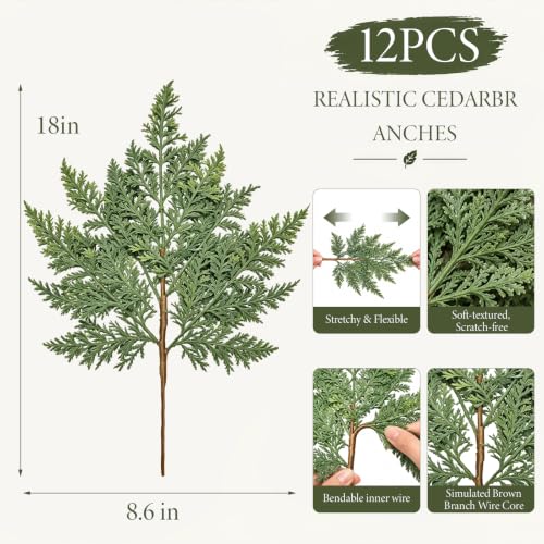 Artificial 18-Inch Cedar Branches for Christmas Decor - 12 Pack