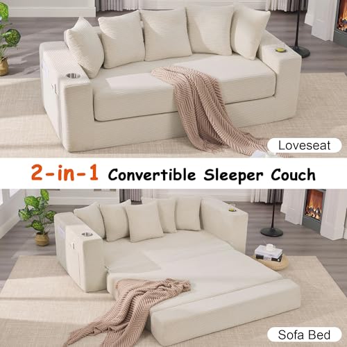 76" Corduroy Convertible Sofa Bed with Storage and Cup Holders