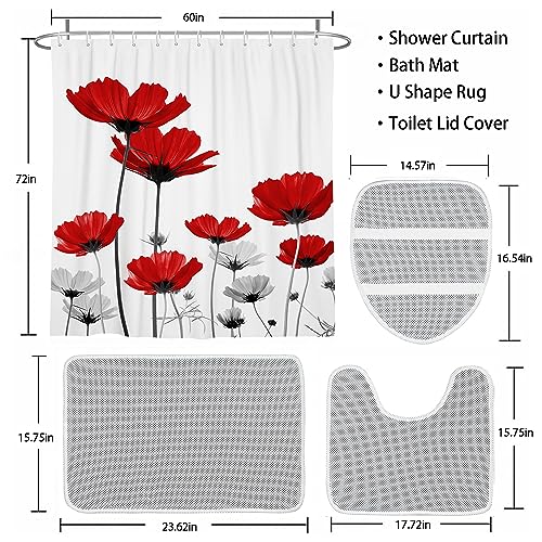 Coxila 4-Piece Red Floral Shower Curtain Set with Non-Slip Bath Mats