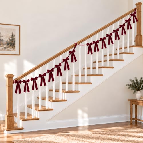 GAJILON 2 Pack Flocked Christmas Tree Bow Garlands - Wine Red