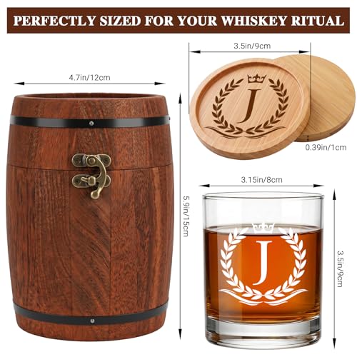Personalized Whiskey Glass Gift Set with Custom Initial J - Vintage Wooden Barrel, Chilling Stones & Coaster