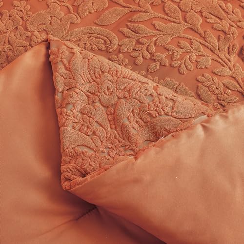 Velvet Jacquard Comforter Set 3-Piece Queen Bedding with Shams - Terracotta