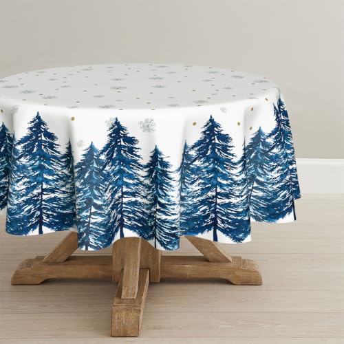 Horaldaily 90-Inch Blue Christmas Round Tablecloth with Pine Tree Snow Design