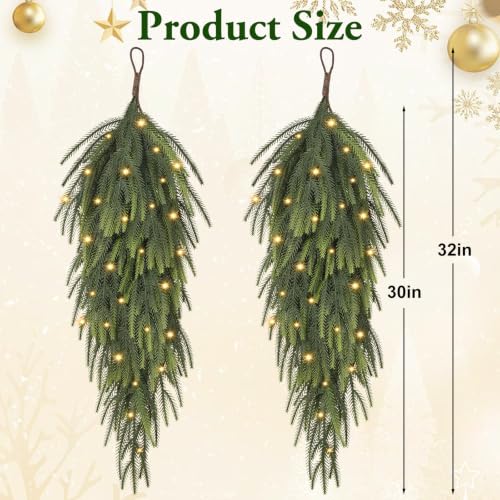 Waipfaru 2 Pcs Artificial Norfolk Pine Christmas Teardrop Swag with Lights - Green / 30 Inch Length