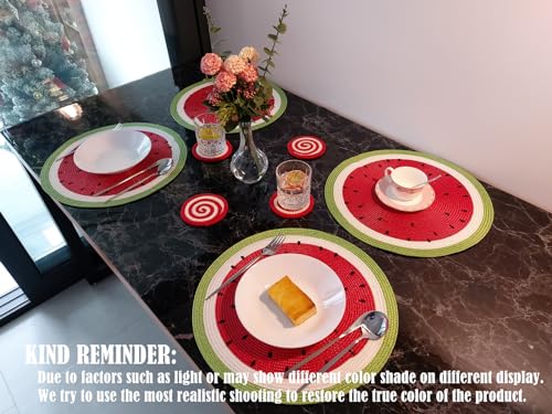 Zupro Round Watermelon Placemats Set of 4 - 15 inch Braided Indoor/Outdoor