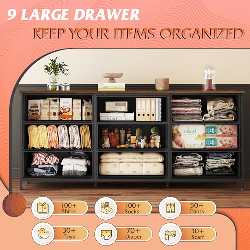 9-Drawer Dresser TV Stand for 75 Inch TVs, Rustic Brown Media Console