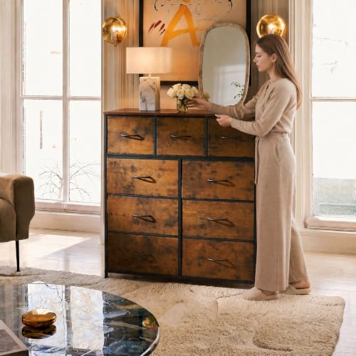 Tall Dresser with 9 Fabric Drawers and Wood Top
