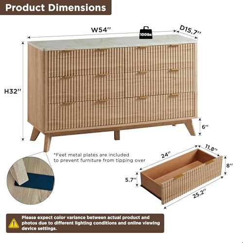 54-Inch Fluted 6-Drawer Dresser, Mid-Century Modern Wood Storage Cabinet