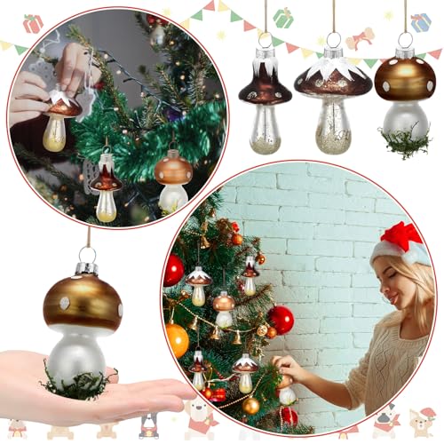 Vercraft Rustic Glass Mushroom Christmas Ornaments - Set of 6 for Holiday Decor