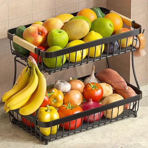 2-Tier Detachable Metal Fruit Basket with Banana Hangers & Wooden Handle