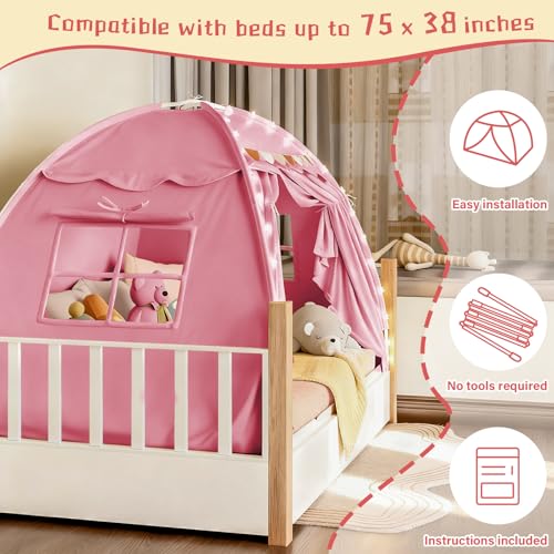 Indoor Twin Bed Tent Canopy for Kids with Star Lights & Flags, Pink