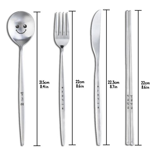 BAPMOO Flatware Cheerful Face Cutlery Set Tableware Engraved Korean Character Hangeul Cute Good for Gift Stainless Steel Metal Reusable Flat Chopsticks