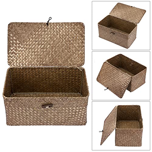 Handwoven Seagrass Storage Basket with Lid Medium Rectangular Shelf Bin