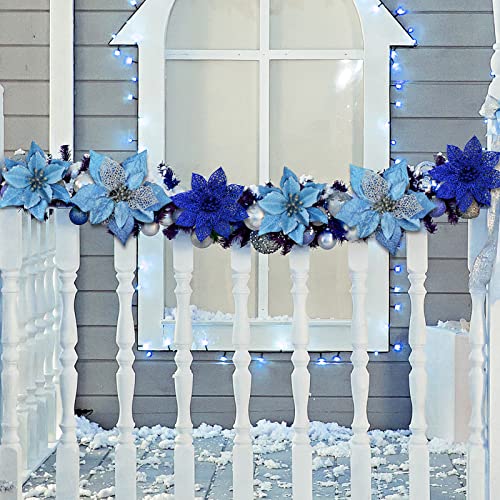 Blue Christmas Poinsettia Flowers & Ribbon Set - Holiday Decor, 24 pcs
