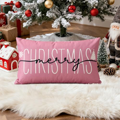 OTOSTAR Christmas Pillow Cover 12x20 Inch Pink Holiday Throw Pillowcase Winter Decor