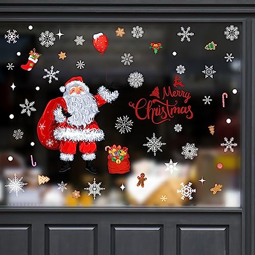 Runtoo Christmas Santa Window Decals - Removable Wall Art, Snowflake & Ornament Clings