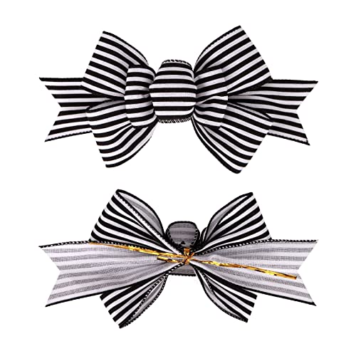 Black and White Striped Christmas Burlap Bows for Wreaths & Trees (2 Pack)