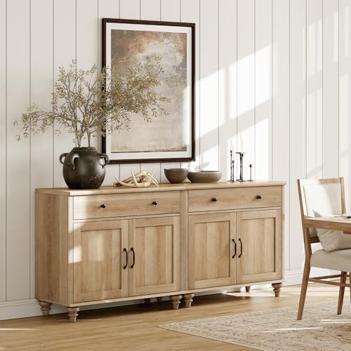WAMPAT Oak Buffet Cabinet with 4 Doors & 2 Drawers - Vintage Gourd Legs, Large Sideboard, 67.7"