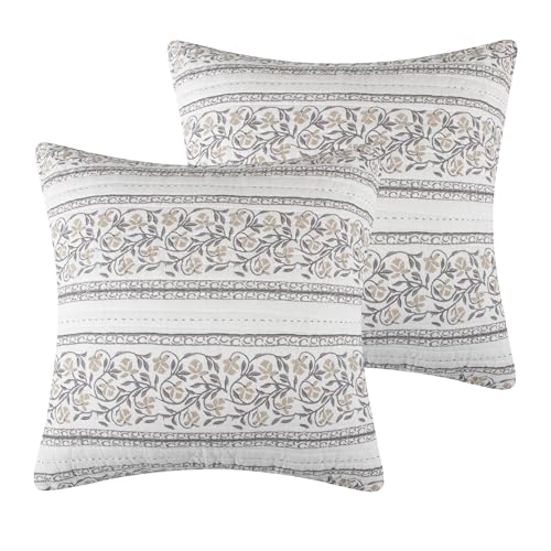 Floral Print Euro Sham, 26x26 inch Cotton Decorative Pillow Cover, Taupe