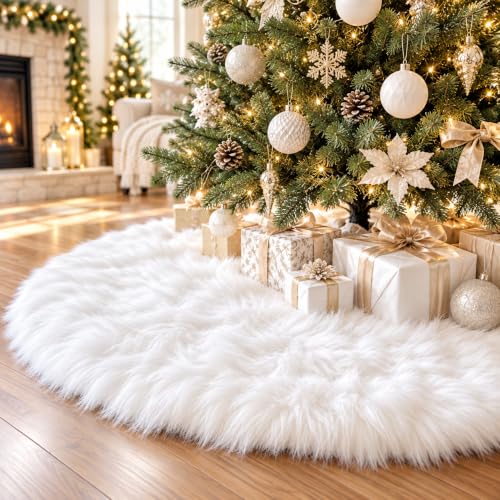 AISENO 36 Inch White Faux Fur Christmas Tree Skirt - Plush Tree Decorations