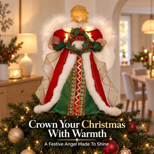 HMASYO Red & Green Angel Tree Topper with Timer Lights, 12" Christmas Decor