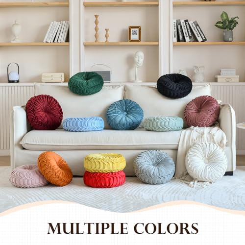 Pleated Round Velvet Throw Pillow, 15-Inch Decorative Boho Cushion for Sofa