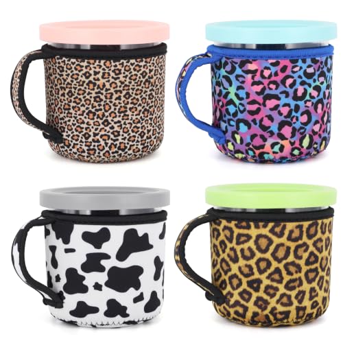 AJLTPA 4-Pack Reusable Animal Pattern Ice Cream Sleeves with Handle, 16oz