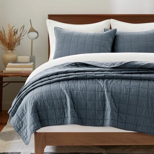 100% Cotton Box Stitch Quilt Set, Queen, Midnight Blue - 3 Piece Bedding