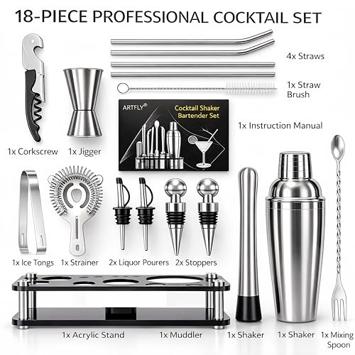 ARTFLY 18-Piece Cocktail Shaker Set with Stand - Bartender Kit for Home & Bar