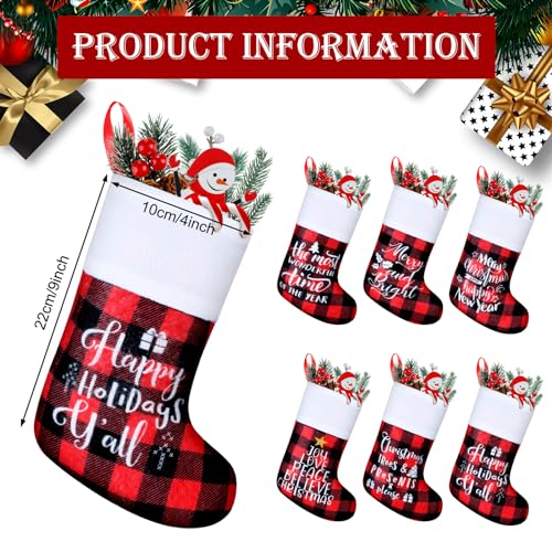 Skylety 24 Pcs Small Christmas Stockings Bulk 9" Buffalo Plaid Red and Black Word Variation